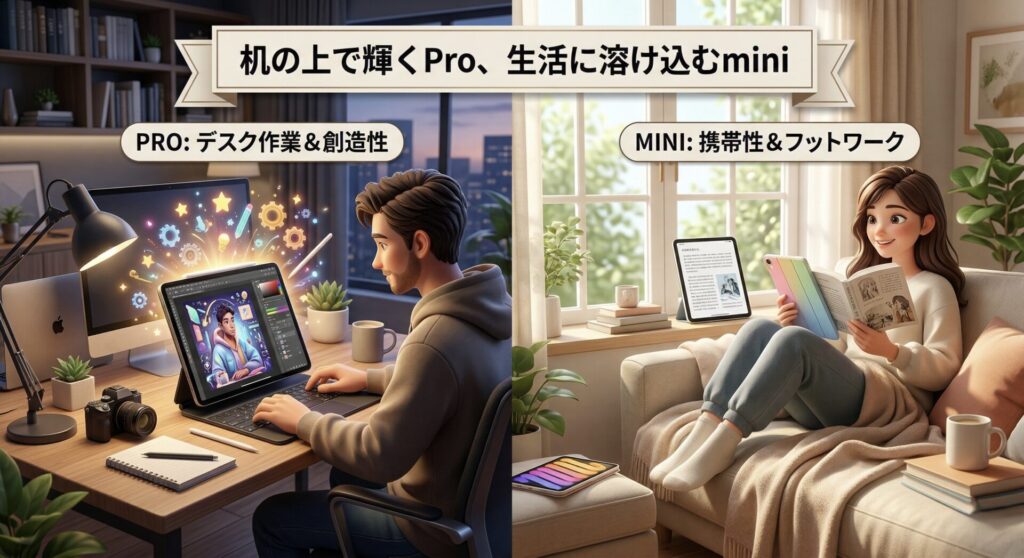 3Dイラストによる、iPad ProとiPad miniのユースケース対比図。画像上部には大きな見出し「机の上で輝くPro、生活に溶け込むmini」。左側は整頓されたデスク環境で「PRO: デスク作業＆創造性」とされ、iPad Pro 11インチ（Space Gray、Magic Keyboard、Apple Pencil付き）を使い、鮮やかなデザインインターフェースと輝くクリエイティブエネルギーの中で集中して作業する男性を描写。右側は日が差し込む居心地の良いリビングルーム環境で「MINI: 携帯性＆フットワーク」とされ、iPad mini 6インチ（Starlight、Smart Folio付き）を片手で快適に持ち、リラックスして読書や映画を楽しむ女性を描写。2つのモデルの異なる強みと、ユーザーのライフスタイルへの馴染み方を視覚化。