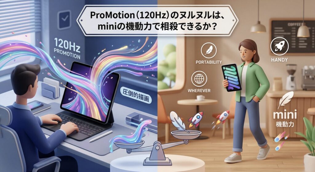 中央にテキスト「ProMotion（120Hz）のヌルヌルは、miniの機動力で相殺できるか？」が配置された、iPad ProとiPad miniの比較イラスト。左側は「120Hz PROMOTION」「圧倒的描画」のiPad Proをデスクで使用する男性、右側は「PORTABILITY」「mini 機動力」のiPad miniを持って移動する女性。どちらのモデルが自分に合うか迷う購入者の心理を表現。