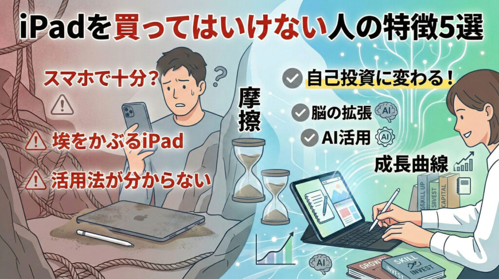 インフォグラフィック「iPadを買ってはいけない人の特徴5選」の対比図。左側は暗い色調で「スマホで十分？」「埃をかぶるiPad」「活用法が分からない」のテキストとともに、困惑する男性、ロープ、止まった砂時計、警告マークが描かれ、「摩擦」を表現。右側は明るい色調で「自己投資に変わる！」「脳の拡張」「AI活用」「成長曲線」のテキストとともに、笑顔でiPad Proと Apple Pencilを使いこなす女性、ネットワーク図、流れる砂時計、上向きのグラフ、AIロゴ、本棚が描かれている。下部には「GROWTH SKILL INVEST」と書かれた本。iPad購入の失敗と自己投資としての成功の境界線を視覚化している。
