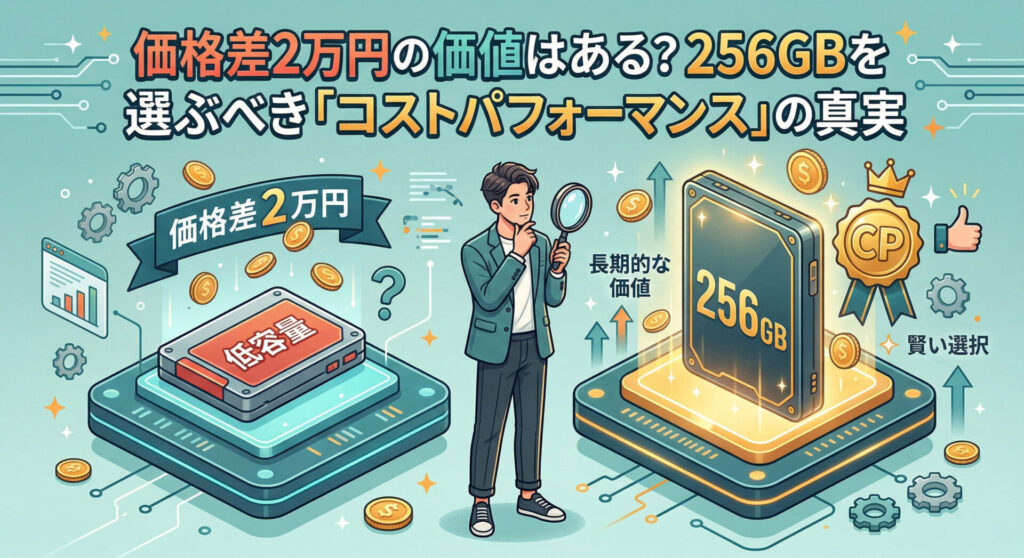 iPadの容量選びにおいて、64GBと256GBの2万円の価格差を比較検討する人物のイラスト。低容量モデルの安さと、大容量256GBモデルの「長期的な価値」や「賢い選択」としてのコストパフォーマンスを対比させ、将来的な利便性を含めた投資対効果を視覚的に表現した図解。