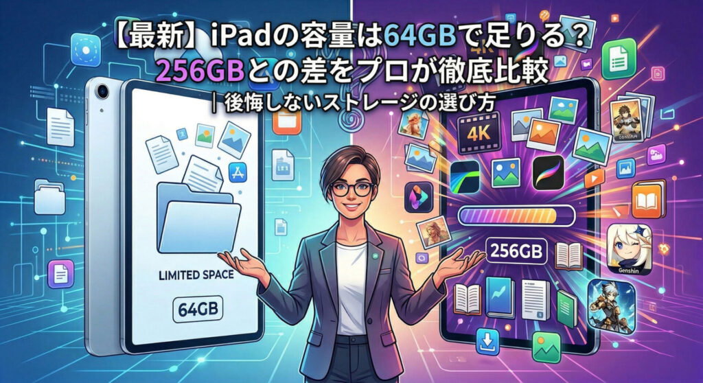 iPadの容量選びで64GBと256GBの差を比較するアイキャッチ画像。2026年のAI（Apple Intelligence）時代において、動画編集や大型ゲームに必要なストレージ容量と、用途別に後悔しない選び方をプロの視点で視覚化したイラスト。