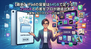 iPadの容量選びで64GBと256GBの差を比較するアイキャッチ画像。2026年のAI(Apple Intelligence)時代において、動画編集や大型ゲームに必要なストレージ容量と、用途別に後悔しない選び方をプロの視点で視覚化したイラスト。