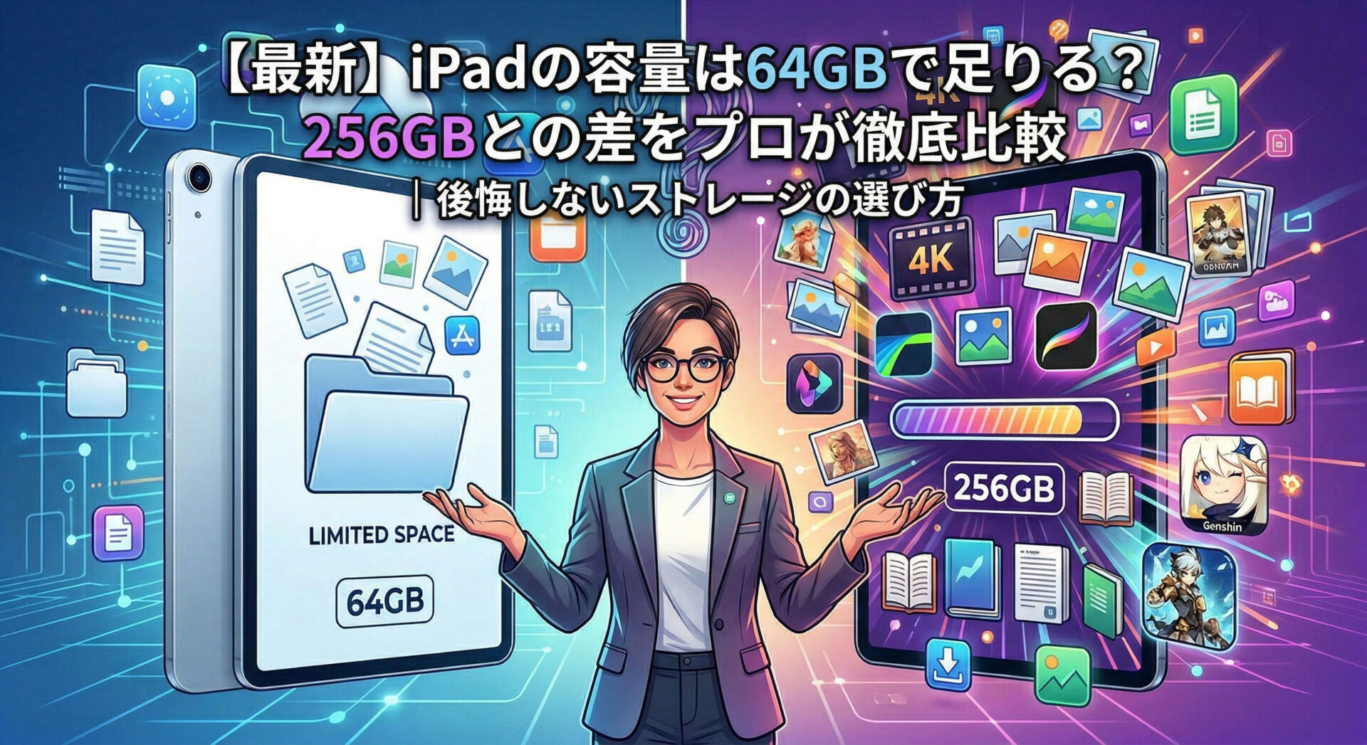 iPadの容量選びで64GBと256GBの差を比較するアイキャッチ画像。2026年のAI(Apple Intelligence)時代において、動画編集や大型ゲームに必要なストレージ容量と、用途別に後悔しない選び方をプロの視点で視覚化したイラスト。