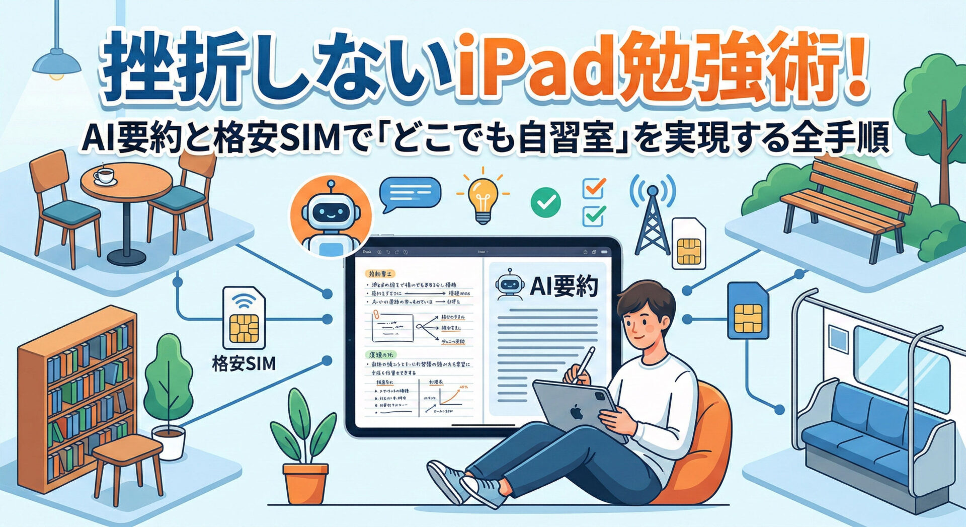 挫折しないiPad勉強術!AI要約と格安SIMで「どこでも自習室」を実現する全手順」のテキストが書かれたデジタル学習方法の解説イラスト。iPadでApple Pencilを使って勉強する男性と画面内の「AI要約」機能、周囲にカフェ、図書館、公園ベンチ、電車内の勉強シーンと「格安SIM」アイコンが描かれています。