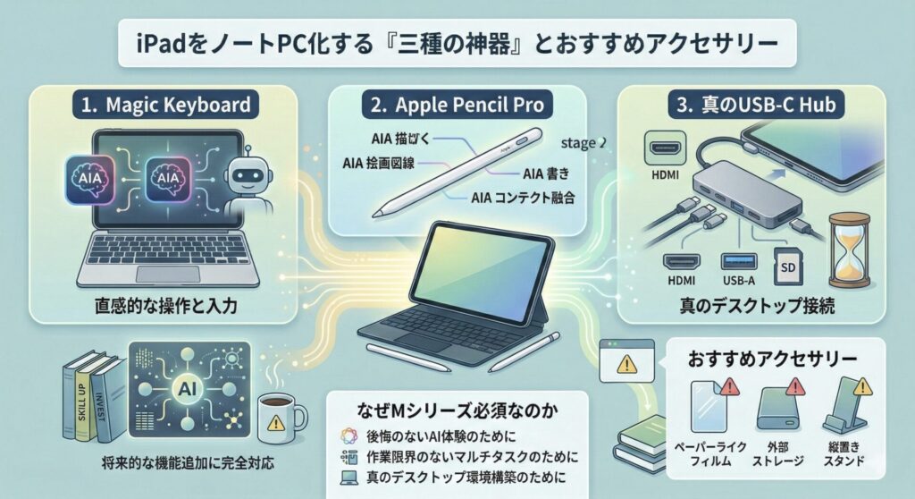 インフォグラフィック「iPadをノートPC化する『三種の神器』とおすすめアクセサリー」。1. Magic Keyboard(直感的な操作と入力)、2. Apple Pencil Pro(AIによる描画・要約支援)、3. 真のUSB-C Hub(HDMI、USB-A、SDカード対応のデスクトップ接続)の3点を主要アイテムとして解説。さらに、ペーパーライクフィルム、外部ストレージ、縦置きスタンドを推奨アクセサリーとして紹介。下部には、これらを活用するためにMシリーズチップが必要な理由(AI体験、マルチタスク、外部拡張)をまとめた、iPad作業環境構築の完全ガイド図。