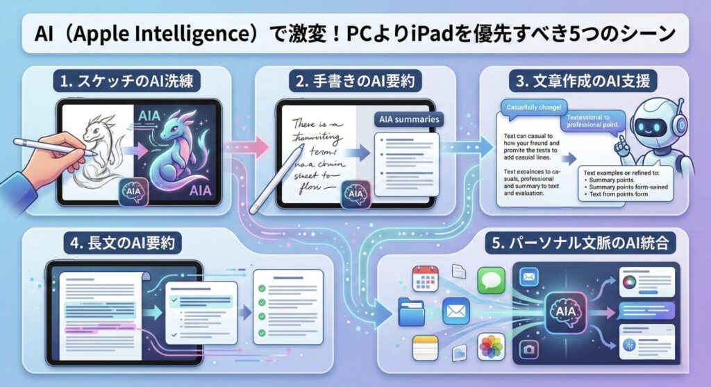インフォグラフィック「AI(Apple Intelligence)で激変!PCよりiPadを優先すべき5つのシーン」。1.スケッチのAI洗練(ラフ画をAIで高品質化)、2.手書きのAI要約(ペン入力のメモをAIが構造化)、3.文章作成のAI支援(トーン変更や校正)、4.長文のAI要約(複雑なドキュメントの即時抽出)、5.パーソナル文脈のAI統合(カレンダーや写真と連携した高度な処理)。iPadとApple Pencil、AIロボットのアイコンを用いた、直感的ワークフローの比較解説図。