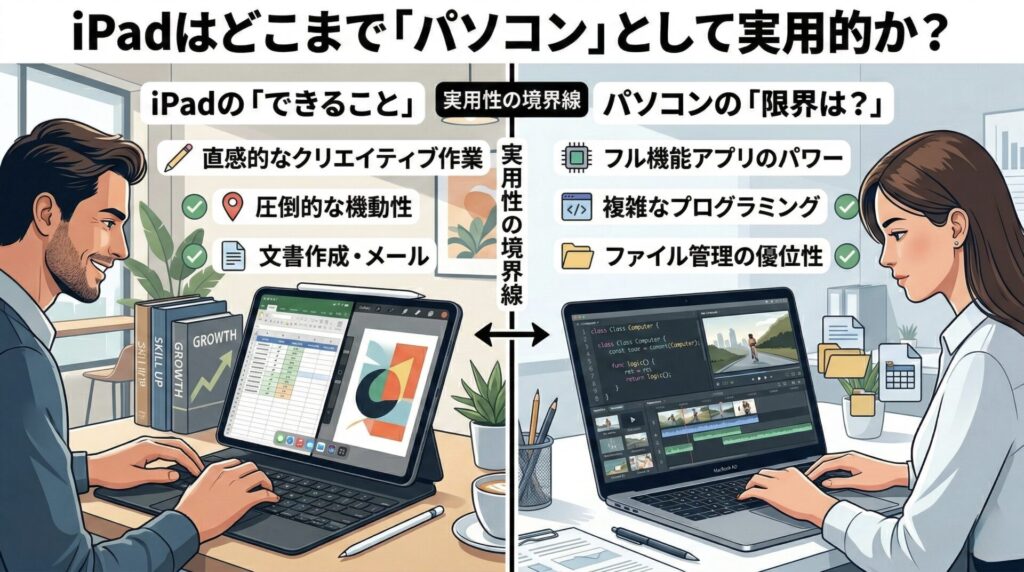 インフォグラフィック「iPadはどこまでパソコンとして実用的か?」。中央に「実用性の境界線」の文字。左側(iPad)は笑顔の男性が使いこなし、「直感的なクリエイティブ作業」「圧倒的な機動力」「文書作成・メール」のテキストと、表計算・イラストの分割画面が描かれている。右側(パソコン)は集中した女性が作業し、「フル機能アプリのパワー」「複雑なプログラミング」「ファイル管理の優位性」のテキストと、コードエディタ・動画編集の画面が描かれている。デバイスごとの役割の違いを視覚化した比較図。