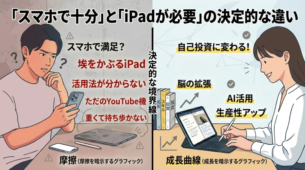 見出し「スマホで十分とiPadが必要の決定的な違い」を軸にした比較インフォグラフィック。左側は「摩擦」を象徴し、スマホで満足しiPadをYouTube専用機として埃をかぶらせている男性。右側は「成長曲線」を象徴し、iPadとAI、キーボードを駆使して自己投資や脳の拡張、生産性アップを実現している女性を描いています。デバイスを「消費」に使うか「投資」に使うかの境界線を視覚的に表現しています。