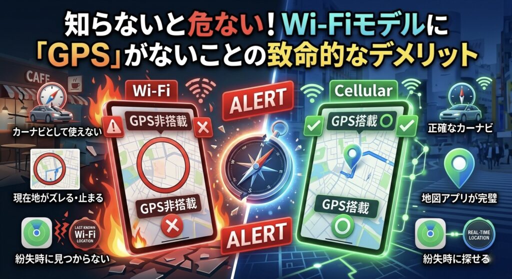 『知らないと危ない!Wi-Fiモデルに「GPS」がないことの致命的なデメリット』 iPadのWi-FiモデルとCellularモデルのGPS機能の違いによるデメリットとメリットを比較。左側(Wi-Fi、赤)は「カーナビとして使えない」「現在地がズレる・止まる」「紛失時に見つからない(LAST KNOWN Wi-Fi LOCATION)」と致命的なデメリットをALERTとして表示。右側(Cellular、緑)は「正確なカーナビ」「地図アプリが完璧」「紛失時に探せる(REAL-TIME LOCATION)」とメリットを表示。Kozablog。