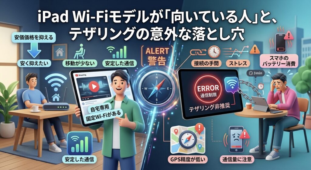 iPad Wi-Fiモデルが「向いている人」の条件と、テザリング運用の「落とし穴」を対比させた図解。左側には「安く抑えたい」「自宅専用」「移動が少ない」といったWi-Fiモデルのメリットを提示。右側には「接続の手間」「スマホのバッテリー消費」「通信制限」「GPS精度が低い」といったテザリング運用のリスクを「ALERT(警告)」として視覚化している。