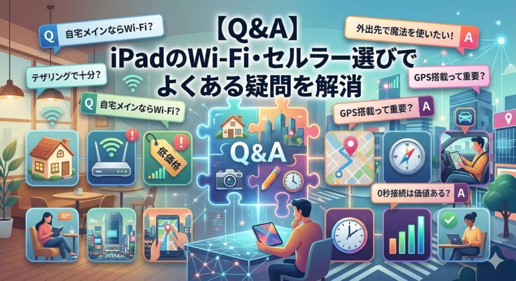 『【Q&A】 iPadのWi-Fi・セルラー選びでよくある疑問を解消』 、iPad Wi-FiモデルとCellularモデルの選び方に関するQ&Aの図解インフォグラフィック。パズルのピースを中心に、左側にWi-Fi(自宅メイン)、右側にセルラー(外出メイン)のユースケースを対比。左側には『自宅メインならWi-Fi?』『テザリングで十分?』『自宅リビングならWi-Fi?』などの質問と、家、強いWi-Fiルーター、低価格タグのアイコン(Alert系・!マーク)。右側には『外出先で魔法を使いたい!』『GPS搭載って重要?』『0秒接続は価値ある?』『GPS搭載って重要?』などの質問と、渋谷スクランブル交差点(都市)、地図とGPSピン、緑のチェックマーク付きの強いセルラー信号のアイコン(Check系)。中央にはiPadを操作する手とカメラ、鉛筆、時計のアイコン。背景にそれぞれのビネット(自宅リビング、外出カフェと時計)。