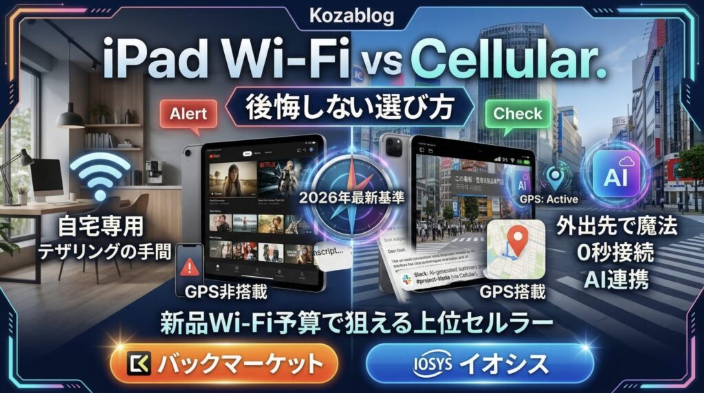 iPad Wi-FiモデルとCellularモデルの比較アイキャッチ画像。「iPad Wi-Fi vs Cellular 後悔しない選び方（2026年最新基準）」というタイトルで、中央に羅針盤。左側はWi-Fiモデル（自宅専用、テザリングの手間、GPS非搭載、Alert）。右側はCellularモデル（渋谷スクランブル交差点、外出先で魔法、0秒接続、AI連携、GPS搭載、Check）。下部には「新品Wi-Fi予算で狙える上位セルラー」とあり、バックマーケット、イオシスのロゴとボタンが近未来的なデジタルデザインで配置されている。