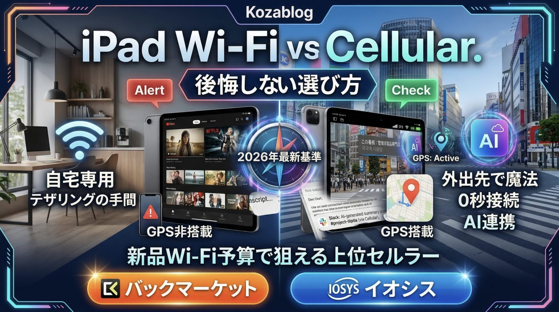 iPad Wi-FiモデルとCellularモデルの比較アイキャッチ画像。「iPad Wi-Fi vs Cellular 後悔しない選び方(2026年最新基準)」というタイトルで、中央に羅針盤。左側はWi-Fiモデル(自宅専用、テザリングの手間、GPS非搭載、Alert)。右側はCellularモデル(渋谷スクランブル交差点、外出先で魔法、0秒接続、AI連携、GPS搭載、Check)。下部には「新品Wi-Fi予算で狙える上位セルラー」とあり、バックマーケット、イオシスのロゴとボタンが近未来的なデジタルデザインで配置されている。