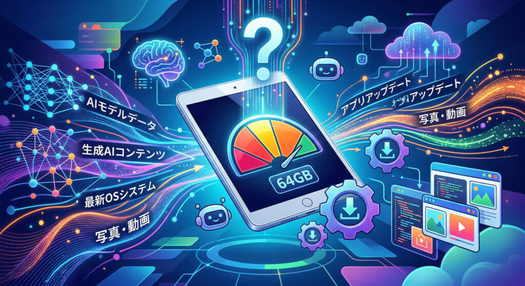 64GBのストレージメーターが満杯に近い状態を示すiPadのようなタブレット画面と、その上に浮かぶ白い疑問符のイラスト。左側からは「AIモデルデータ」「生成AIコンテンツ」「最新OSシステム」「写真・動画」というデータストリームが流れ込み、右側には「アプリアップデート」やメディアファイル、AIロボットのアイコンが配置されている。AI時代におけるiPadのストレージ容量不足の懸念と、OS・データの爆発的な増加という実態を視覚化している。