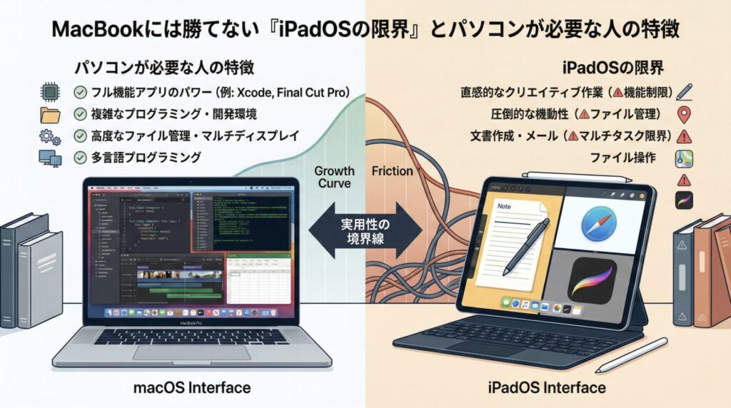インフォグラフィック「MacBookには勝てない iPadOSの限界とパソコンが必要な人の特徴」。左側にはパソコンが必要な人の特徴として、フル機能アプリのパワー、複雑なプログラミング環境、高度なファイル管理が「Growth Curve(成長曲線)」と共に示されています。右側にはiPadOSの限界として、クリエイティブ作業の機能制限、ファイル操作の不便さ、マルチタスクの壁が「Friction(摩擦・絡まったケーブル)」の図解と共に示されています。中央には「実用性の境界線」と双方向矢印があり、macOSとiPadOSの決定的な役割の違いを対比させた比較画像です。