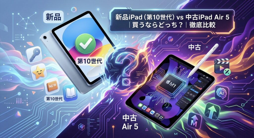 新品のiPad第10世代と中古のiPad Air 5を比較するインフォグラフィック。左側には「新品」として第10世代iPadが、右側には「中古」としてM1チップとApple Pencil（第2世代）を搭載したiPad Air 5が描かれている。AI機能への対応状況や性能の差を強調し、2026年のiPad選びにおいて「新品の安心」か「M1の高性能」か、どちらを買うべきかの判断基準を視覚化した図解。