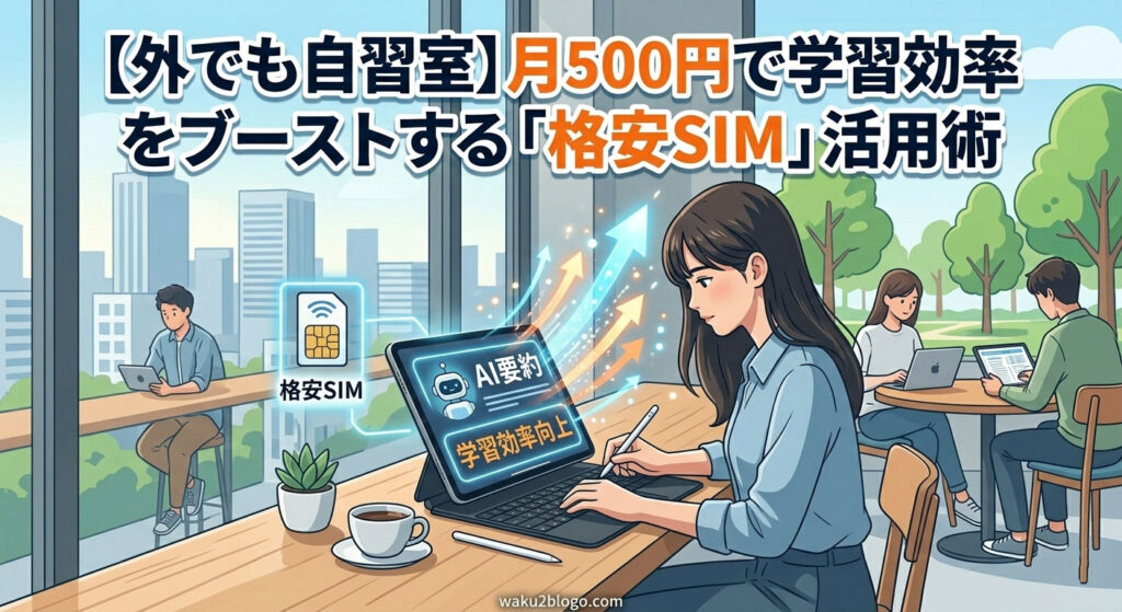 「【外でも自習室】月500円で学習効率をブーストする「格安SIM」活用術」のタイトルが入ったイラスト。カフェやコワーキングスペースで若い女性がiPad ProとApple Pencilを使って集中して勉強している。iPad画面には「AI要約」「学習効率向上」とAIロボットのアイコンがあり、データの流れと上昇矢印が効率アップを表現。近くには「格安SIM」のアイコンが浮いている。この組み合わせにより、カフェを最強の自習室にする方法を解説。