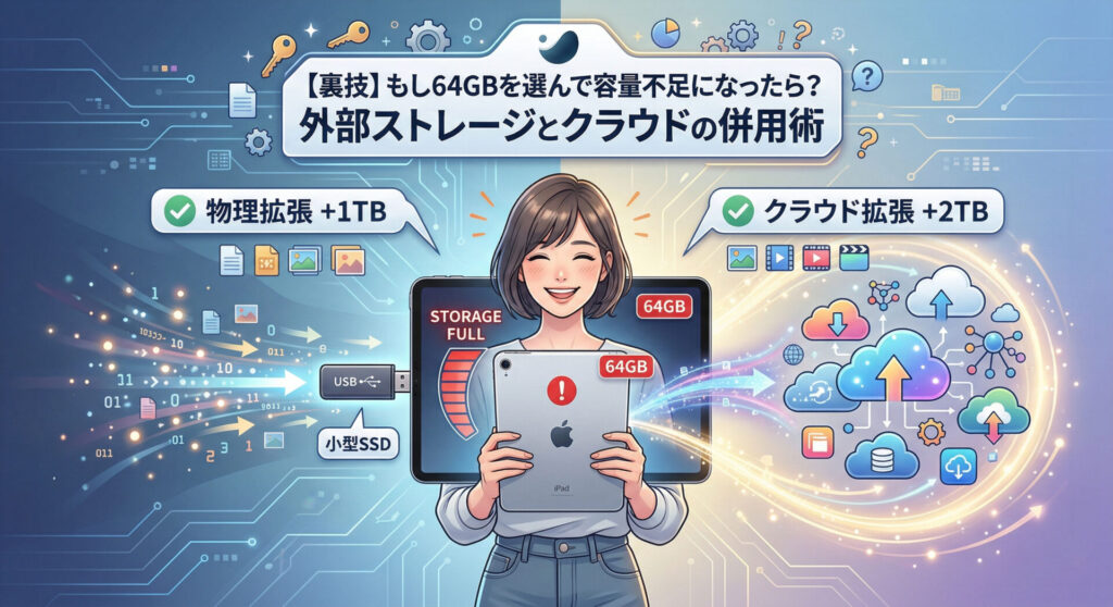 「STORAGE FULL」と赤色の警告が表示された64GBのタブレットを持つ笑顔の女性のイラスト。上部には「【裏技】もし64GBを選んで容量不足になったら?外部ストレージとクラウドの併用術」という見出し。左側には「物理拡張 +1TB」の見出しと小型SSDが接続されデータが流れる様子、右側には「クラウド拡張 +2TB」の見出しとクラウドサービスのアイコン、データの流れ、様々なファイルタイプのアイコン(写真、動画、ドキュメントなど)が描かれている。AI時代におけるタブレットのストレージ容量不足問題に対する、外部SSDとクラウドの併用によるスマートな解決策を視覚化したインフォグラフィック。
