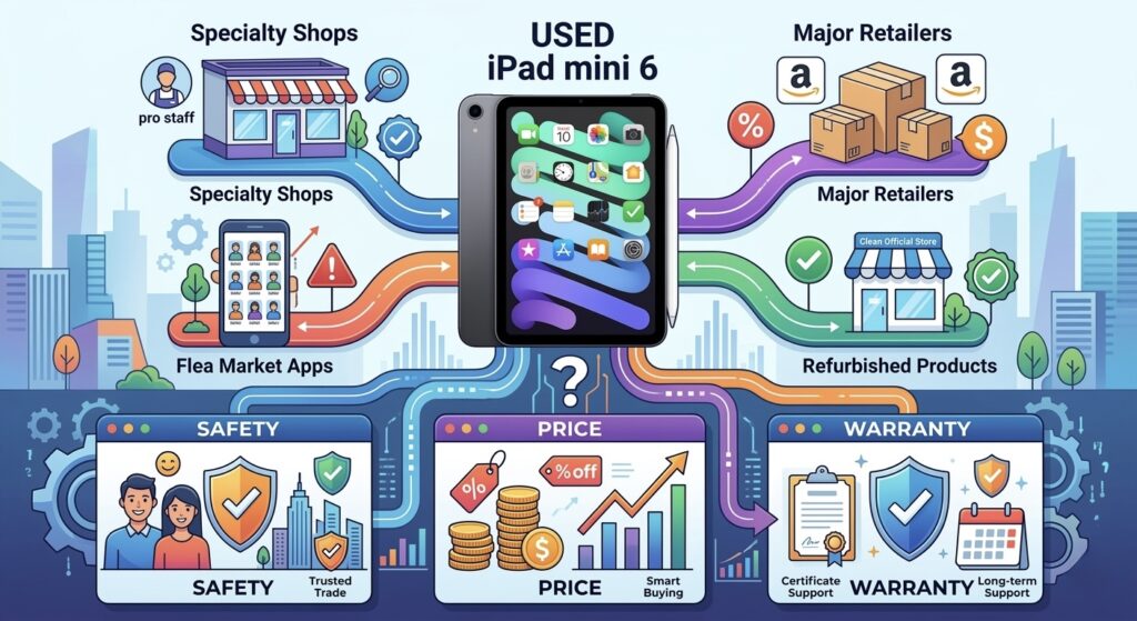 中古タブレット(iPad mini)購入ガイド比較インフォグラフィック。都市を背景に、中央の『USED iPad mini 6』から4つのルートが分岐。左上は『Specialty Shops(専門店)』でプロスタッフ、厳格な検品、Checkmarksが『SAFETY』につながる。右上は『Major Retailers(大手小売)』で多数の荷物、Amazonロゴ conceptual、%オフ、ドルマーク、ショッピングカートが『PRICE』につながる。左下は『Flea Market Apps(フリマアプリ)』でスマホ画面、複数出品者、ドルマーク、Checkmarks、Magnifying glass。右下は『Refurbished Products(整備済製品)』で公式店舗、Checkmarks、Certified品質。下部には3つの評価パネル:笑顔のカップルとシールドの『SAFETY』、積み上がったコインと上昇グラフの『PRICE』、盾とカレンダーの『WARRANTY』。質問マーク(?)とデータフローが比較・検討を示す。中古タブレット選びの完全ガイド。