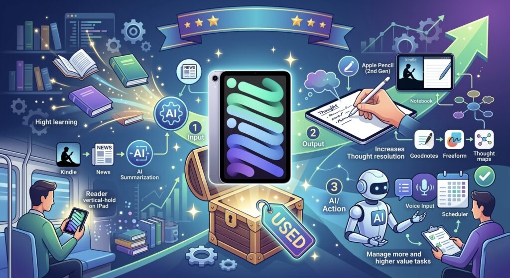 中古iPad mini 6を活用した自己投資と生産性向上のための3ステップ・インフォグラフィックガイド。宝箱から発見されたUSED端末を中心に、電車内でのAI要約読書(ステップ1 Input: High learning)、Apple Pencilとデジタルノート(Goodnotes, Thought maps)による思考整理(ステップ2 Output: Increases Thought resolution)、人型AIロボットと連携した音声入力やタスク管理(ステップ3 AI/Action: Manage higher value tasks)のフローを描く。