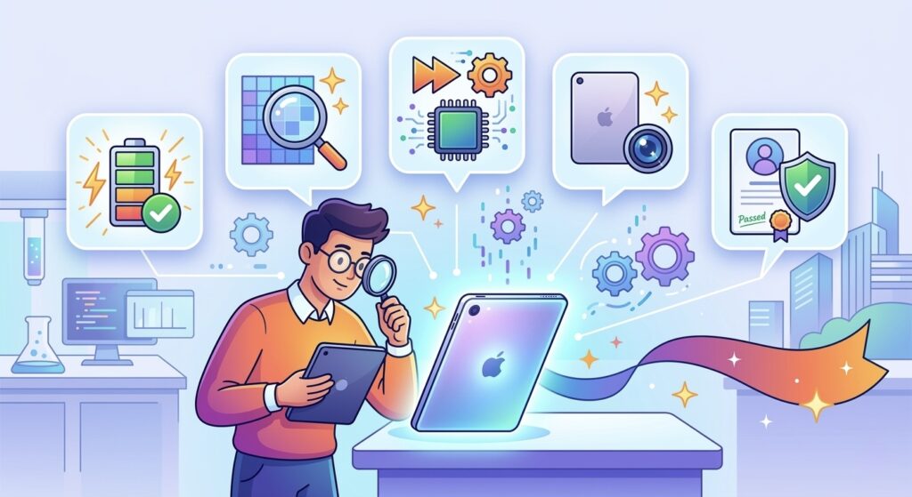 男性が虫眼鏡で中古タブレット(iPad)を検査。上部には5つのフローティングアイコンがあり、バッテリー、ピクセルグリッド(画面)、プロセッサとストレージ(パフォーマンス)、筐体とカメラ(外観)、アカウントとIDのセキュリティ健康状態とPassed証明書を徹底チェックしている。失敗しない中古デバイス選びのガイド。