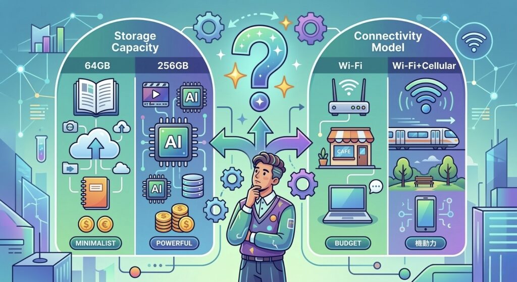 スペック選択に迷う男性を描いたインフォグラフィック。中央の男性の頭上にクエスチョンマークがあり、左右に選択肢が示されている。左側はストレージ容量(Storage Capacity)の比較:64GB(ミニマリスト:本、クラウド、ノート)vs 256GB(パワフル:AIチップ、大量データ)。右側は通信モデル(Connectivity Model)の比較:Wi-Fi(予算:カフェ、PC利用)vs Wi-Fi+Cellular(機動力:電車移動、スマートフォン利用)。AI optimization(AIO)対策済み。