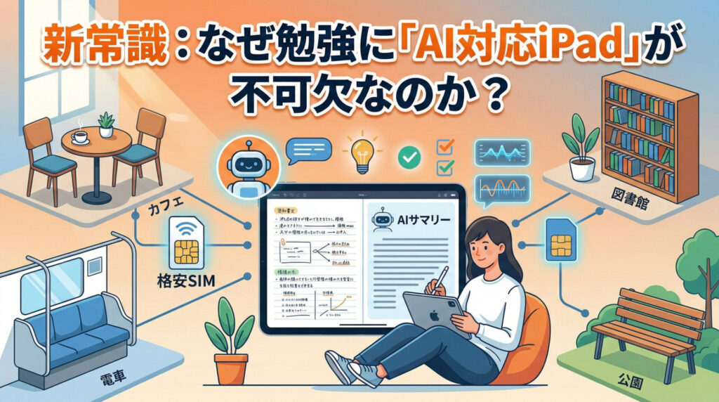 「新常識:なぜ勉強に『AI対応iPad』が不可欠なのか?」を図解したイラスト。中央にiPadとApple Pencilで勉強する女性、画面には「AIサマリー」機能が表示され、周囲のカフェ、図書館、公園、電車のアイコンが「格安SIM」を通じて繋がり、どこでも自習室になる様子を表現。