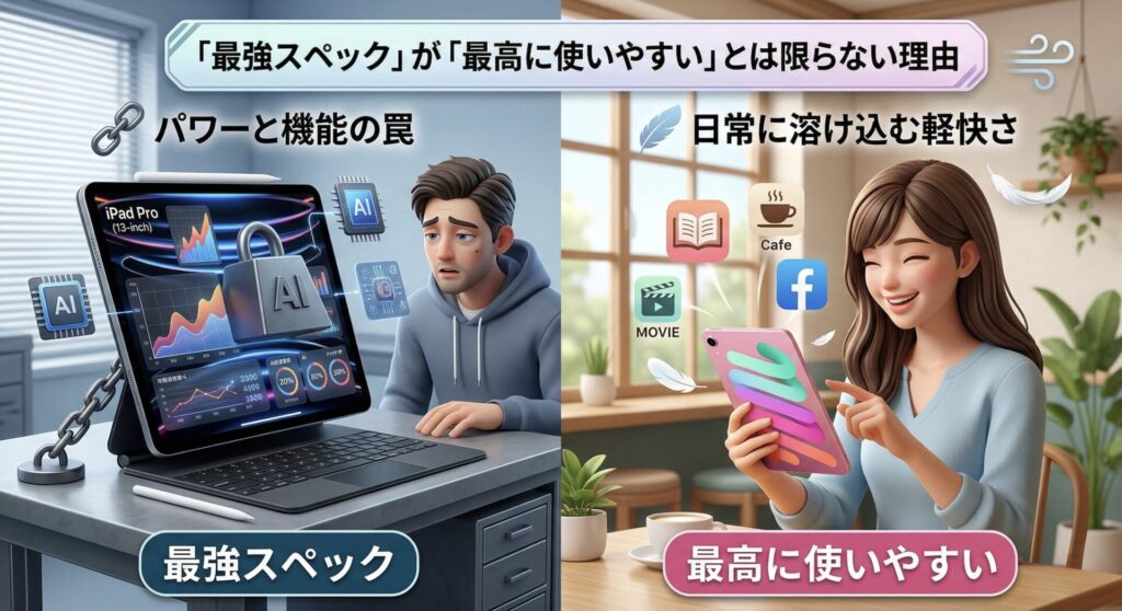 3Dイラストによる、iPadのスペックと使いやすさの対比図。上部にタイトル「『最強スペック』が『最高に使いやすい』とは限らない理由」。左側は大きなデスクで複雑なAIグラフ画面のiPad Pro (13-inch)を圧倒された表情で使用する男性「パワーと機能の罠」「最強スペック」。右側はカフェで笑顔の女性が片手でピンク色のiPad miniを操作し、読書、カフェ、映画、Facebookのアイコンが浮かび上がる「日常に溶け込む軽快さ」「最高に使いやすい」。