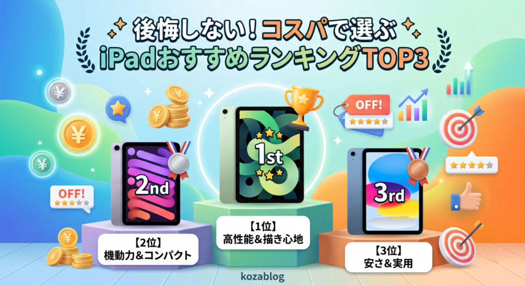 コスパ重視!iPadおすすめランキングTOP3のブログ用アイキャッチ画像。3Dイラスト。1位は高性能&描き心地のiPad Air(第4世代)、2位は機動力&コンパクトのiPad mini(第6世代)、3位は安さ&実用のiPad(第10世代)。トロフィー、メダル、円(Yen)コイン、ターゲット、OFFタグが周囲に浮かび、用途別の強みを強調している。最下部に「kozablog」。