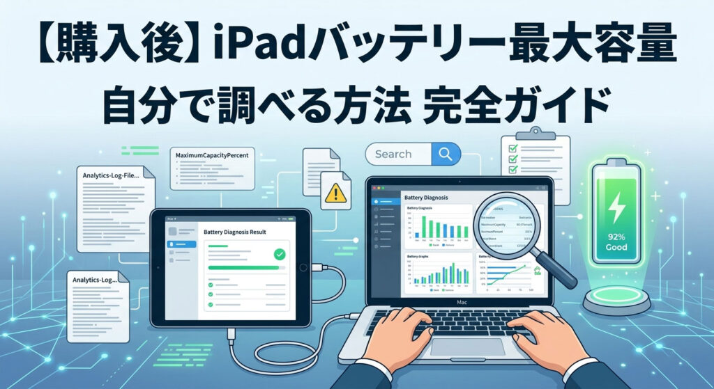 【購入後】iPadのバッテリー最大容量を自分で調べる方法を解説したイラスト図解。ノートPC(Mac)とiPadがケーブルで接続され、画面上にはバッテリー診断グラフや「MaximumCapacityPercent」「Analytics-Log-File」といった解析キーワードが表示されている。拡大鏡による詳細調査と、最終的に「92% Good」と判定されるプロセスを表現した完全ガイドのイメージ画像。