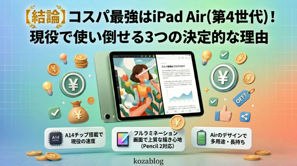 iPad Air(第4世代)のコスパ最強を解説するブログアイキャッチ画像。グリーンの本体、Apple Pencil 2、そしてA14チップ、フルラミネーションディスプレイ、Airのデザインの3つの特長がアイコンと共に紹介されている。タイトルは「【結論】コスパ最強はiPad Air(第4世代)!現役で使い倒せる3つの決定的な理由」。