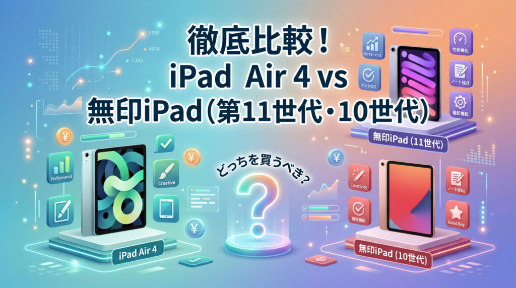 iPad Air 4 vs 無印iPad(第11世代・10世代)徹底比較のサイバーな3Dイラスト。中心に「どっちを買うべき?」の問いと巨大な質問マーク。左のiPad Air 4、右の無印iPad第11世代と第10世代を、パフォーマンス、クリエイティブ、デザイン、ノート描き、最新機能、価格のアイコンで性能とコスパを比較。購入ガイド用アイキャッチ。