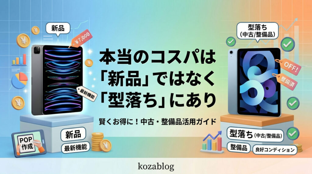 iPadの購入方法の比較イラスト。中央に「本当のコスパは『新品』ではなく『型落ち』にあり」のテキスト。左側に新品iPadと「最新機能」「クーポン引」タグ、右側に型落ちiPadと「整備済」「良好コンディション」「OFF」タグが描かれ、中古・整備品の賢い活用を提案している。