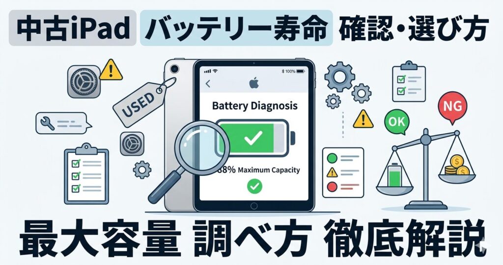 中古iPadのバッテリー寿命を確認する方法と最大容量の調べ方を視覚的にまとめた図解イラスト。天秤やチェックリストのアイコンを用いて、失敗しない中古iPadの選び方を表現。