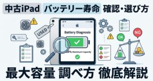 中古iPadのバッテリー寿命を確認する方法と最大容量の調べ方を視覚的にまとめた図解イラスト。天秤やチェックリストのアイコンを用いて、失敗しない中古iPadの選び方を表現。