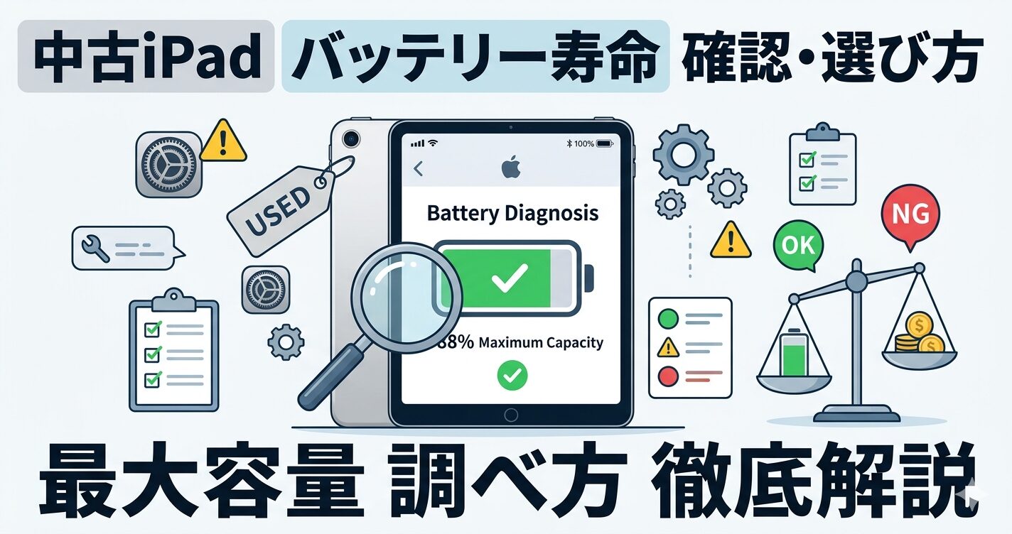 中古iPadのバッテリー寿命を確認する方法と最大容量の調べ方を視覚的にまとめた図解イラスト。天秤やチェックリストのアイコンを用いて、失敗しない中古iPadの選び方を表現。