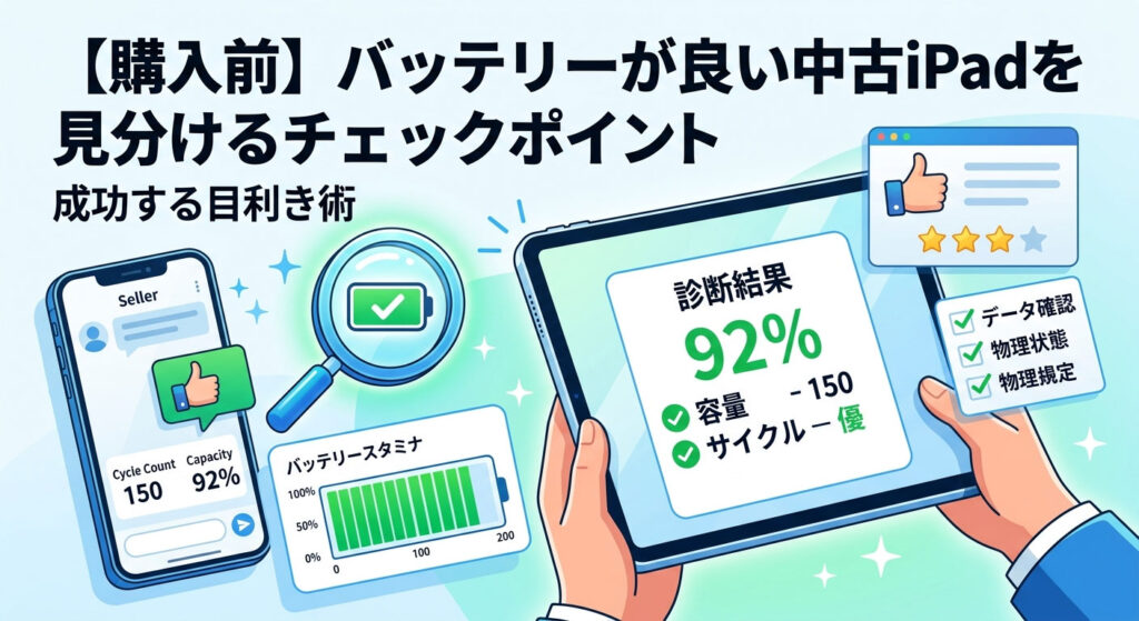中古iPad購入前にバッテリー状態が良いか見分けるチェックポイントを解説したイラスト図解。両手で持ったiPad画面に『診断結果 92% 容量、150 サイクル、優』と表示され、 Sellerの評判アイコン、チェックリスト(データ確認、物理状態、物理規定)、バッテリースタミナのグラフ、 Sellerチャット画面(Cycle Count 150、Capacity 92%)がスマートフォンに表示されている。拡大鏡がバッテリー情報を指しており、成功する目利き術を表現している。