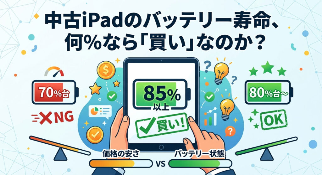 中古iPadのバッテリー寿命の判断基準を視覚化したイラスト図解。手が「85%以上 買い!」と緑のチェックマークが表示されたiPadを支えている。左側に70%台でNGの赤いバッテリー、右側に80%台〜でOKの緑のバッテリーがあり、中央下に「価格の安さ vs バッテリー状態」の天秤がバランスを保っている。デジタルネットワークの背景。