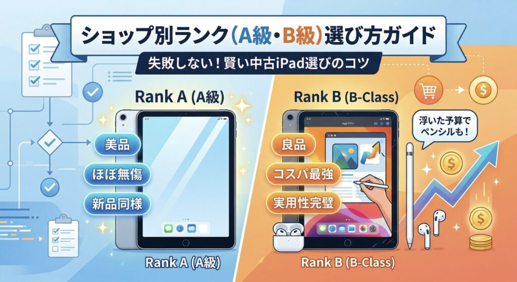 中古iPadのショップ別ランク（A級・B級）の選び方を比較したガイド画像。左側には「Rank A（美品・ほぼ無傷・新品同様）」の特徴を、右側には「Rank B（良品・コスパ最強・実用性完璧）」の特徴を対比させている。さらに、Bランクを選ぶことで「浮いた予算でペンシルやAirPodsも買える」という具体的なメリットと、賢い中古選びのコツを視覚化したインフォグラフィック。