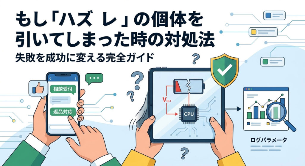 中古iPadでバッテリー劣化などの「ハズレ」を引いた際の対処法をまとめた図解イラスト。スマホでの「返品対応」や「相談受付」のチャット画面、iPad内部のバッテリー故障がCPUパフォーマンスに与える影響を示す概念図、ログパラメータの解析、そして解決を象徴するチェックマーク付きの盾が描かれたトラブル解決ガイドのイメージ。