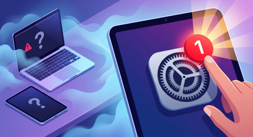 ユニバーサルコントロールが繋がらず霧に包まれたMacBookとiPad（左）に対し、iPadの設定アプリにある光り輝く「赤い通知バッジ（1）」をユーザーの手がタップしようとしている（右）。Apple IDの再サインイン通知がトラブル解決の黄金の光（ Eureka Moment ）であることを示すイラスト。