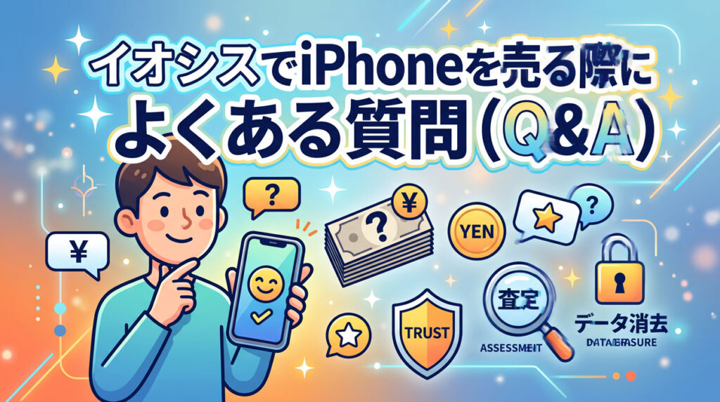 イオシスでiPhoneを売る際によくある質問(Q&A)の見出し画像。男性が笑顔でスマホを持つイラストと、査定、データ消去、信頼、買取価格、¥(円)、YENなどのQ&Aアイコンを配置