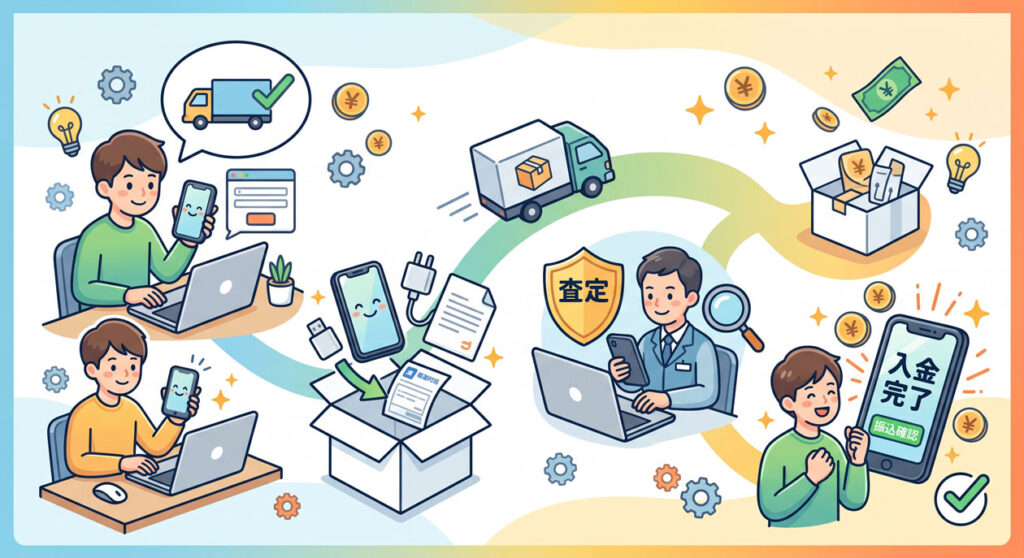 イオシスの宅配買取レビュー:WEB申し込みから端末の梱包・発送・査定・入金確認までの全手順をわかりやすく図解した見出し画像