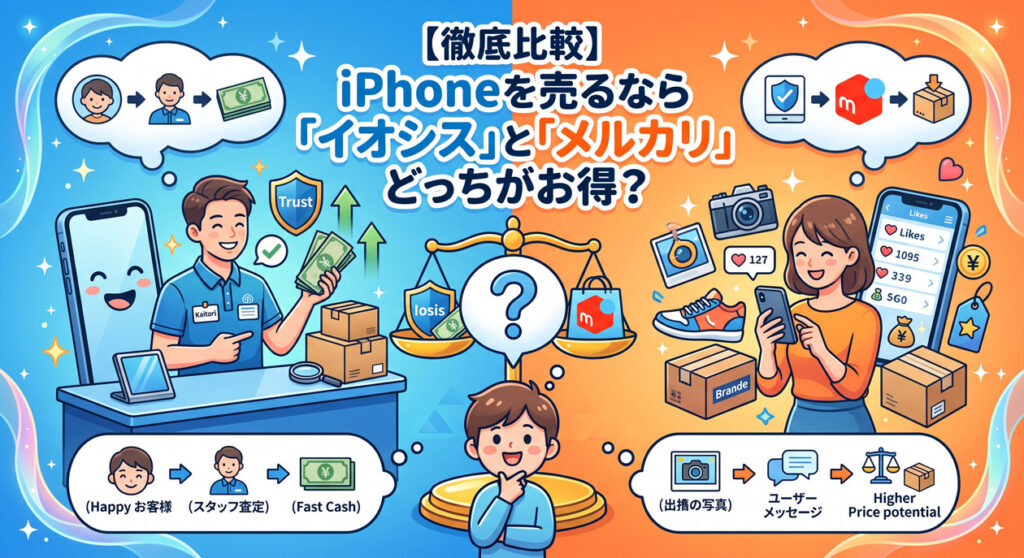 iPhoneを売るなら「イオシス」と「メルカリ」どっちがお得?徹底比較の見出し画像。買取店(イオシス)の査定・即金性と、フリマ(メルカリ)の出品手間の違いを対比したイラスト